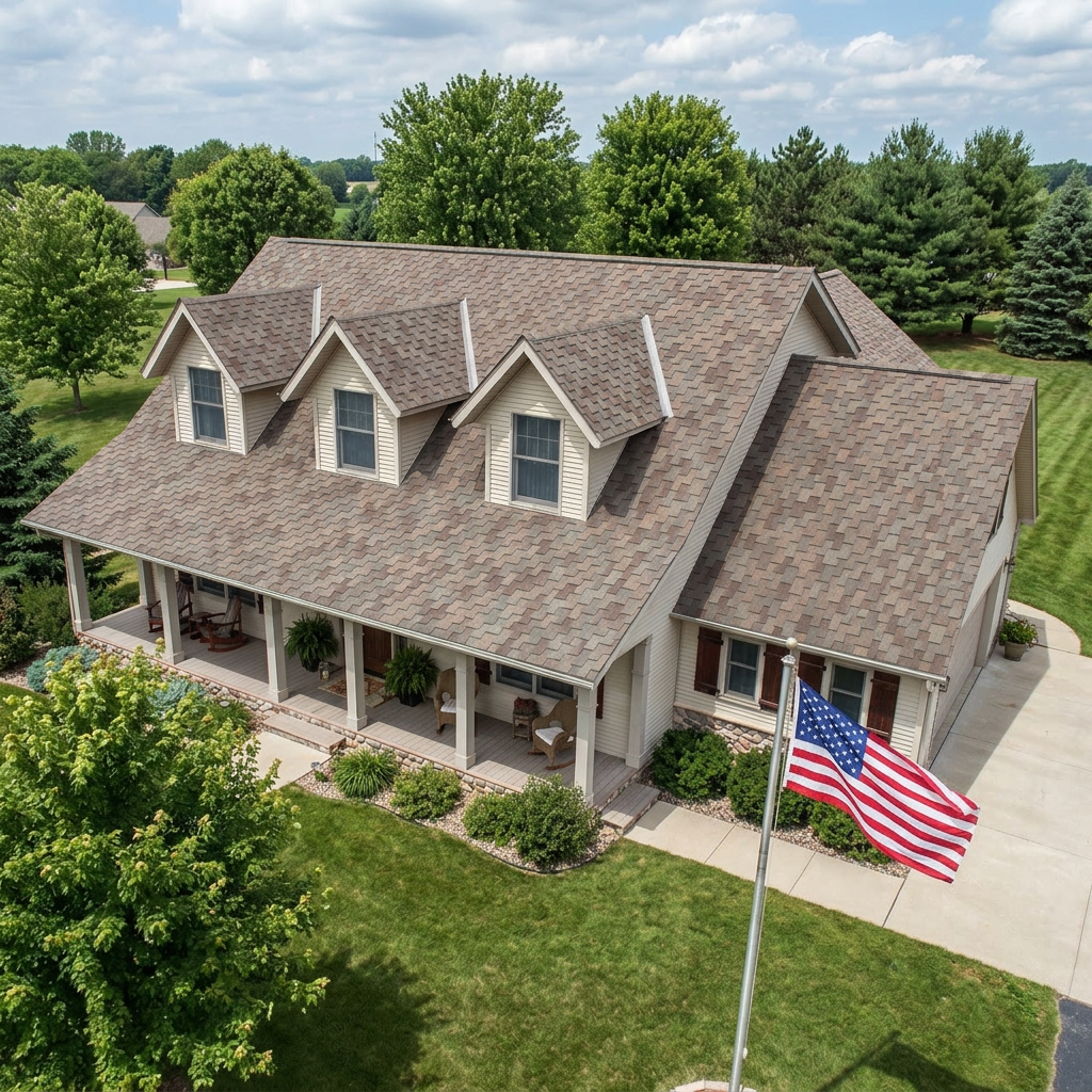 Completed roofing project photographed from above